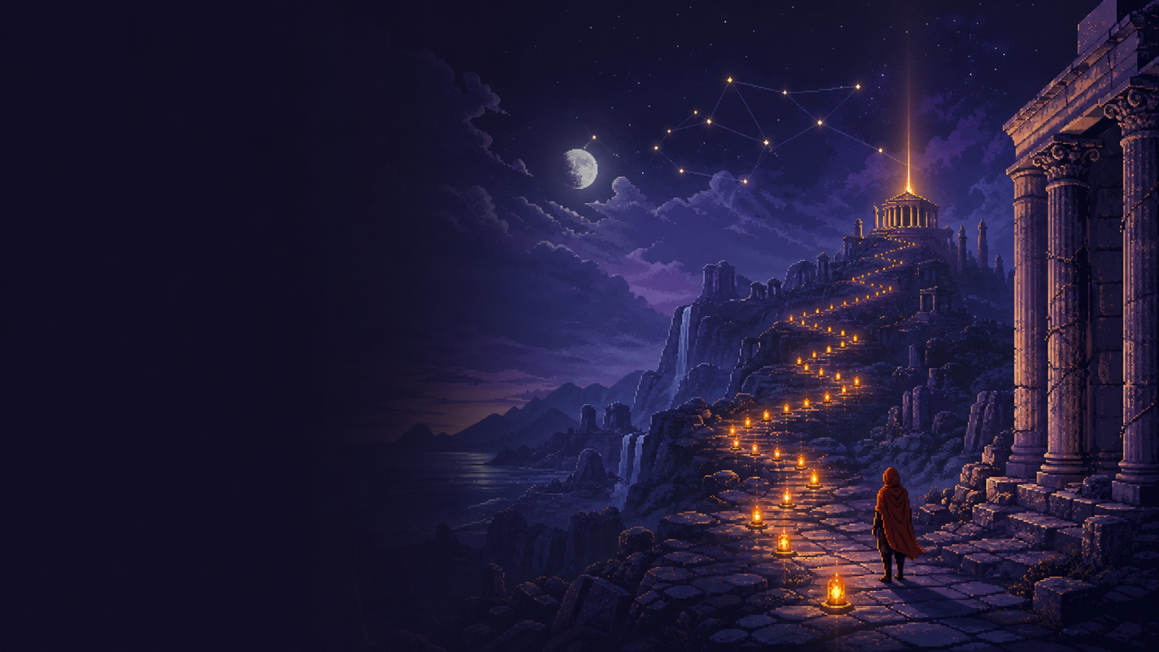 A moonlit Agentic30 launch path through ancient ruins