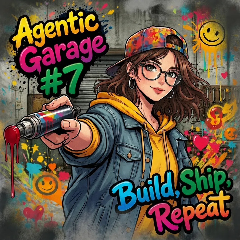 Agentic Garage #7 포스터 — Build, Ship, Repeat 그래피티 일러스트