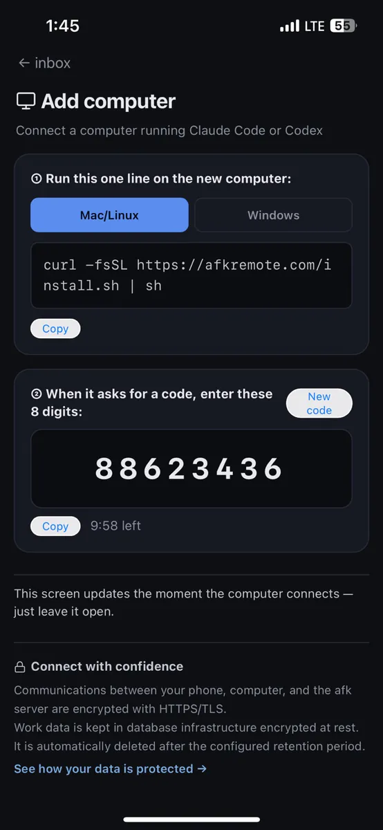 afk — AI Coding Agent Remote App Store 공개 화면 5