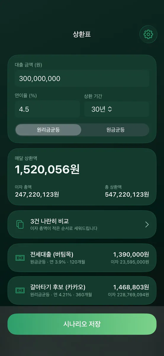 상환표 - 대출 원리금 계산 App Store 공개 화면 1