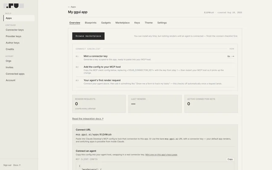 connector key 발급과 MCP 연결 체크리스트를 안내하는 ggui Console 앱 Overview 화면