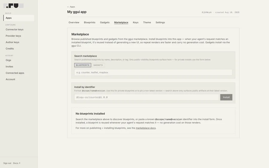 블루프린트를 검색·설치하는 ggui Console Marketplace 화면