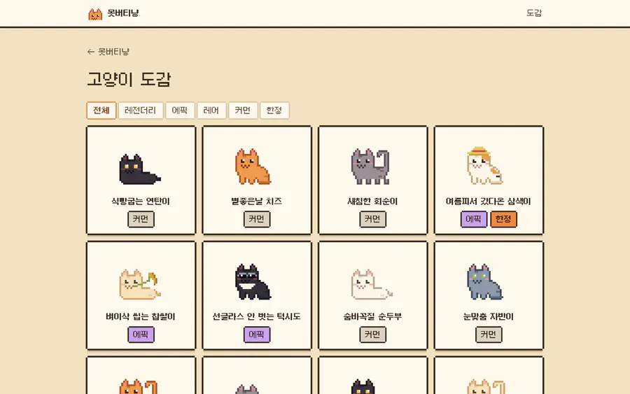 등급 필터와 픽셀 고양이 카드를 보여주는 못버티냥 고양이 도감 화면